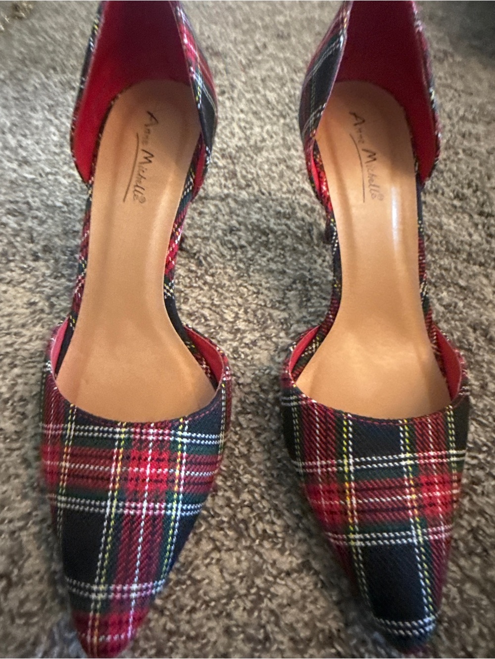 Anne Michelle Red Plaid Pointed-Toe D'Orsay Heels